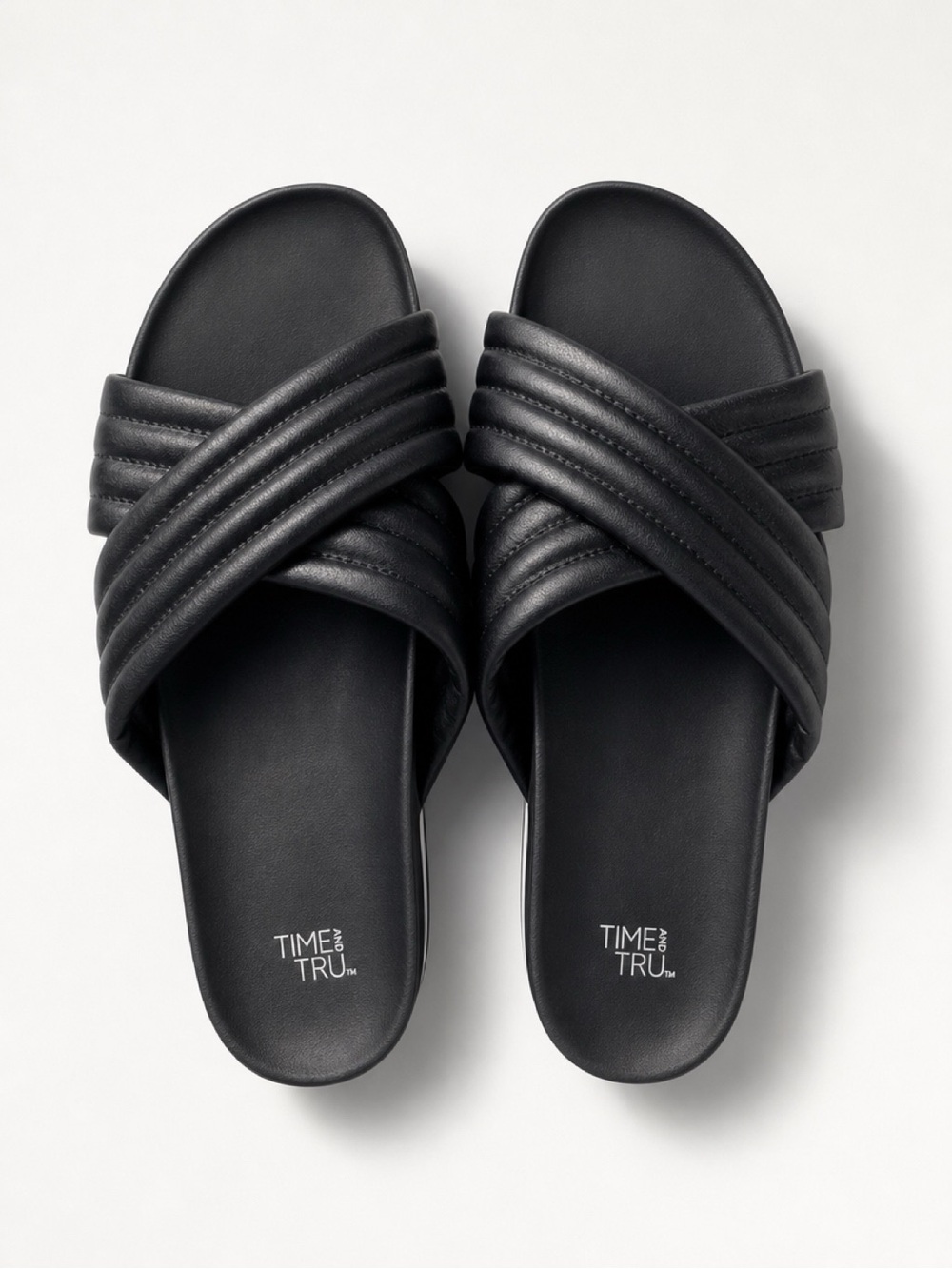 Time and Tru Black Quilted Crisscross Slide Sandals